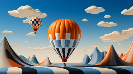A colorful fleet of aerostats gracefully float among the clouds, transporting adventurers to new heights in the sky, evoking a sense of wonder and freedom in the world of air sportsの素材