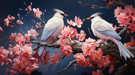 Amidst a sea of delicate sakura blossoms, two birds perch on a tree branch, their vibrant feathers and beaks adding a pop of color to the serene outdoor sceneの素材