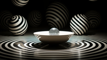 A luxurious ceramic bowl adorned with a gleaming silver ball, nestled among a sea of vibrant striped balls, invites an elegant touch to any table settingの素材