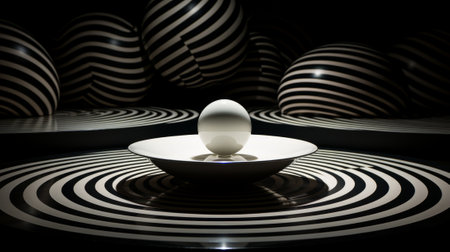 A delicate ceramic saucer holds a solitary white ball, sitting gracefully on a table, evoking a sense of peacefulness and elegance in this indoor art pieceの素材