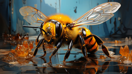 A pesky yellow bee, with its membranewinged invertebrate body, lands on a smooth surface, reminding us of the beauty and annoyance of nature's tiny creaturesの素材