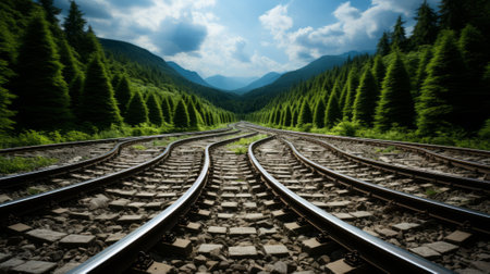 Amidst a picturesque landscape, a train follows the winding tracks through a lush forest, as the clouds float above and the majestic mountains stand tall in the distanceの素材