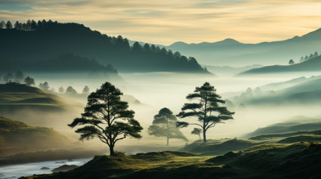 A mystical morning emerges as fog dances amongst towering trees and majestic mountains, creating a natural landscape that evokes a sense of awe and wonderの素材