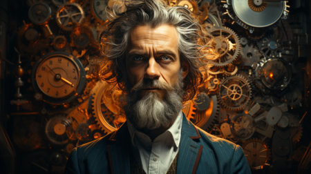 A timelessly handsome man gazes thoughtfully at the clock, his well-groomed beard and mustache adding to the elegance of his portraitの素材