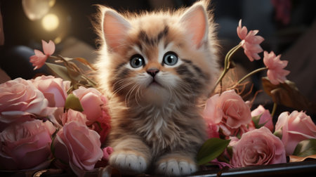 A fluffy domestic kitten adorned with delicate flowers, symbolizing the pure and innocent nature of these beloved feline creaturesの素材