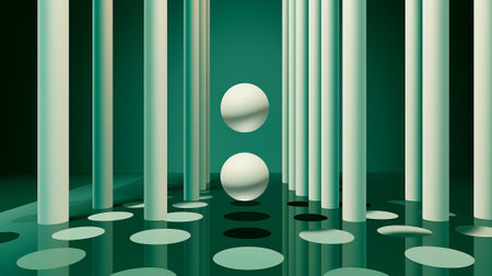 A mesmerizing display of ethereal spheres and circular motifs adorning the walls of a pristine gallery space, evoking a sense of harmony and purity in its minimalist aestheticの素材