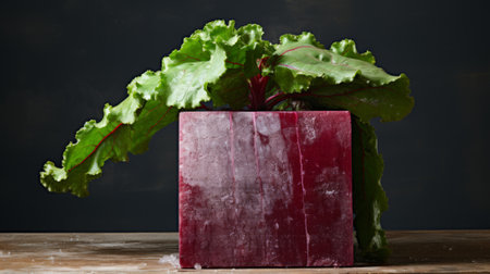 A vibrant vegetable plant thrives in a wooden square box, sitting proudly with a splash of red amidst its lush green leavesの素材