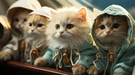 Indoor felines flaunt their fashion sense as they don cozy coats, showcasing their wild roots and endearing whiskersの素材
