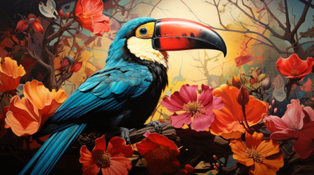 A vibrant parrot perches upon a blooming branch, its colorful feathers blending with the delicate flowers in a stunning painting of nature's beautyの素材