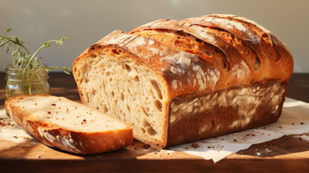 A rustic loaf of sourdough bread, adorned with a variety of grains, rests on a wooden cutting board surrounded by indoor plants, evoking a sense of comfort and warmthの素材