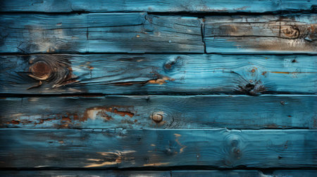 A weathered wooden plank, its blue hue contrasting with rusted edges, evokes a sense of nostalgia and the passage of timeの素材