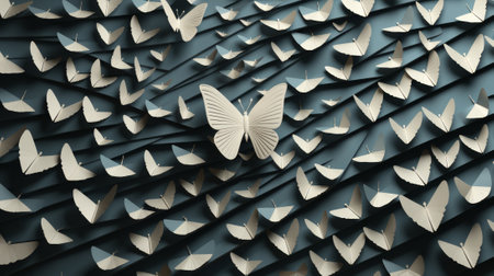 A stunning butterfly breaks free from the repetitive pattern, showcasing its unique beauty through the art of natureの素材