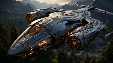 A sleek vehicle races through the rugged terrain, its powerful motorsport engine propelling it over majestic mountains as it soars through the open skyの素材