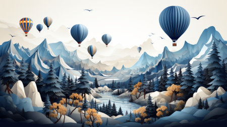 Amidst a serene winter wonderland, colorful hot air balloons soar through the mountainous landscape, showcasing the beauty of both nature and human ingenuityの素材