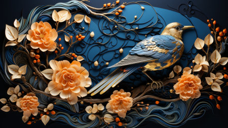 A delicate bird perches upon a branch, surrounded by vibrant roses in an artful display of floral designの素材