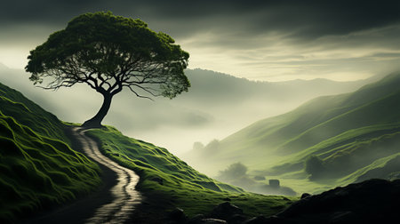 A solitary tree stands atop a misty hill, its branches reaching towards the cloudy sky, overlooking the majestic mountains in a serene natural landscapeの素材