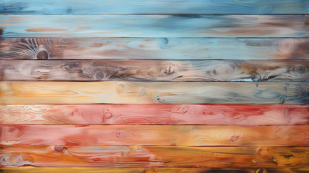 Vibrant brushstrokes dance across the canvas, creating a whimsical abstract masterpiece of multicolored wood planksの素材
