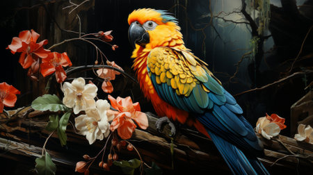 A vibrant parrot perches gracefully on a blooming branch, its colorful feathers blending with the surrounding flowers in a harmonious display of nature's beautyの素材