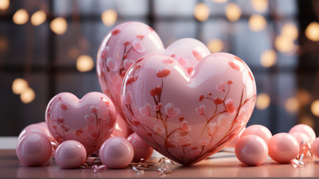 A whimsical display of love and nature, as pink hearts adorned with delicate flowers bring warmth to an indoor settingの素材