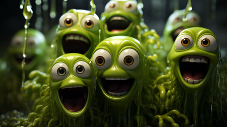 A horde of emerald creatures oozing with slime, slithering through the murky depths in search of their next victimの素材