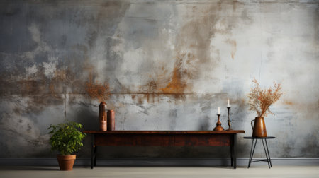 A cozy indoor scene with a wooden table adorned with candles and a houseplant in front of a flowerpot, while a vase and bench complete the charming atmosphereの素材