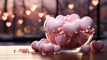 A charming display of love and delicacy, as a glass bowl overflows with a sweet medley of pink hearts and flowers, bringing warmth to an indoor settingの素材