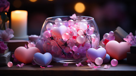 A vibrant indoor party setting, complete with a flickering candle and delicate pink and purple hearts floating in a glass bowl, adds a touch of romance and whimsy to the roomの素材