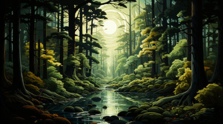 A tranquil river meanders through a vibrant oldgrowth forest, its waters reflecting the lush landscape of trees and nature, creating a picturesque painting in the heart of the rainforestの素材