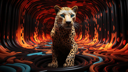 A majestic cheetah, the epitome of grace and speed, prowls through a dark tunnel, its spotted fur a work of art against the shadowsの素材