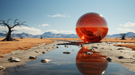 A solitary orange sphere stands tall in the vast desert landscape, its reflective surface mirroring the fiery sky and towering mountains, while a lone tree and pool of waterの素材