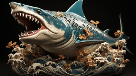 A majestic blue shark statue adorned with vibrant flowers stands tall amidst crashing waves, evoking a sense of both ferocity and beauty in this underwater wonderlandの素材