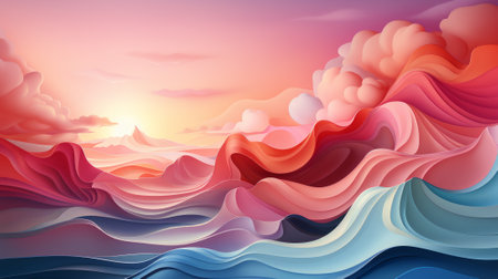 A vibrant painting bursting with shades of peach and pink, depicting a serene landscape of billowing clouds and a radiant sun, brought to life through intricate vector graphicsの素材
