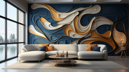 Cozy and stylish, this studio couch and coffee table create the perfect setting for lounging and admiring the art on the wall in this indoor spaceの素材