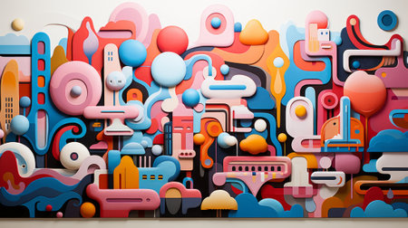 A playful and vibrant mural depicting whimsical cartoon characters and nostalgic toys brings joy and nostalgia to any spaceの素材