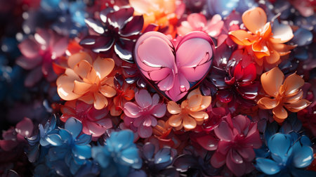 Love blossoms in a vibrant array of hues, as a heart-shaped treasure lies among the blooming flowersの素材
