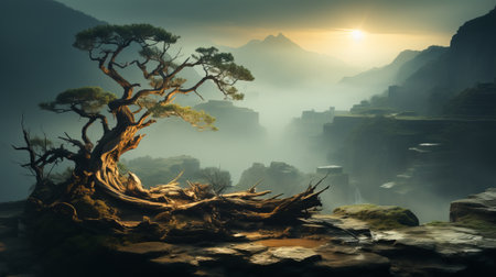 As the morning sun rises over the misty mountains, a lone tree stands tall on a cliff, surrounded by the tranquil beauty of natureの素材