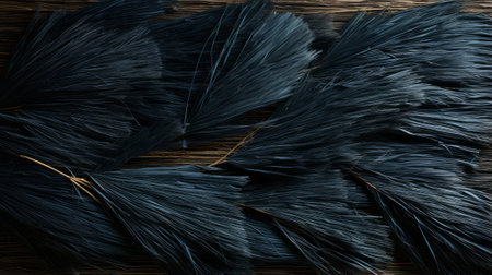 A cluster of dark feathers, in varying shades of ebony, delicately intertwined to form a mesmerizing display of texture and graceの素材