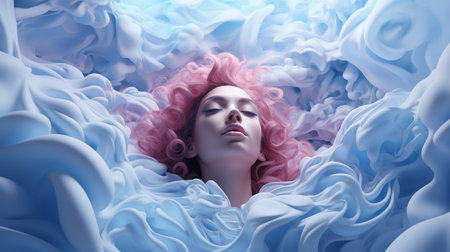 A woman with vibrant pink hair, her human face framed by soft white fabric, reclines in a dreamy cloud, embodying both bold individuality and ethereal beautyの素材
