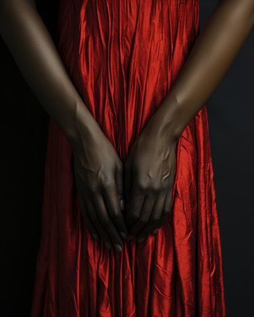 A woman's delicate hands gently caress the soft red fabric of her dress, as she stands indoors, her flesh glowing in the warm lightの素材