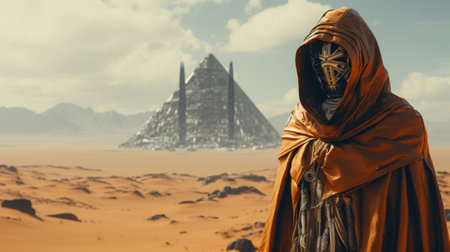 A mysterious figure stands before the ancient pyramid, shrouded in a hood against the blazing desert sun as the majestic mountains and endless sky loom in the backgroundの素材