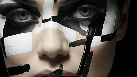 A woman's intricate masque of black and white paint reveals the duality of her persona, showcasing both the beauty and darkness within herの素材