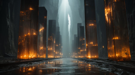 Amidst the bustling city, a path lined with towering skyscrapers and illuminated by vibrant lights beckons to be explored under the night skyの素材