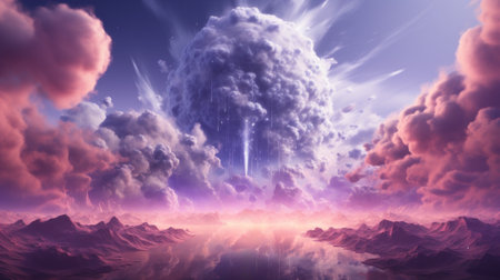 Nature's canvas painted with a stunning sunrise as a colossal cumulus cloud floats majestically over a picturesque mountain landscapeの素材