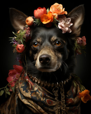 A regal black dog of a noble breed proudly wears a delicate flower crown, embodying the beauty and grace of nature's creaturesの素材