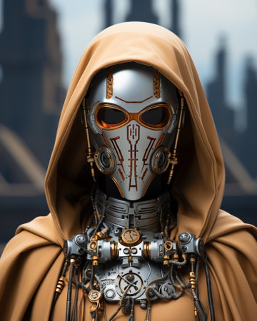An enigmatic robotic figure donning a hood and mask reminiscent of both a fictional character and darth vader, exuding a sense of mystery and intrigue with its masque-like appearanceの素材