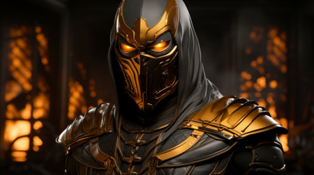 A fierce warrior adorned in a gleaming breastplate of armor, embodying a mythical figure in their powerful garmentの素材
