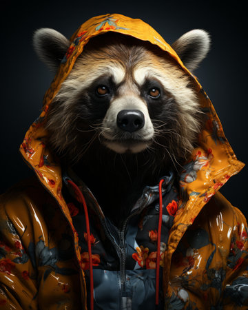 A dapper raccoon braves the elements in his cozy rain coat, protecting his soft fur and adorable snout from the cold rain while looking oh so fashionable in his jacketの素材