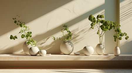 Nature's beauty blooms indoors as a cluster of vibrant houseplants sit gracefully in white vases on a windowsill, bringing life to the stillness of the roomの素材
