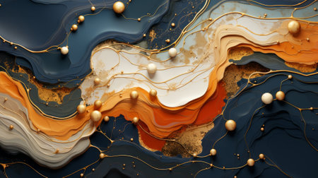 An ethereal map of the ocean, with abstract waves of gold and blue crashing against the shores of imaginationの素材