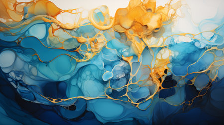 Aquatic hues of blue and yellow dance together in a mesmerizing abstract painting, evoking a sense of fluidity and serenity within the vibrant aqua tonesの素材